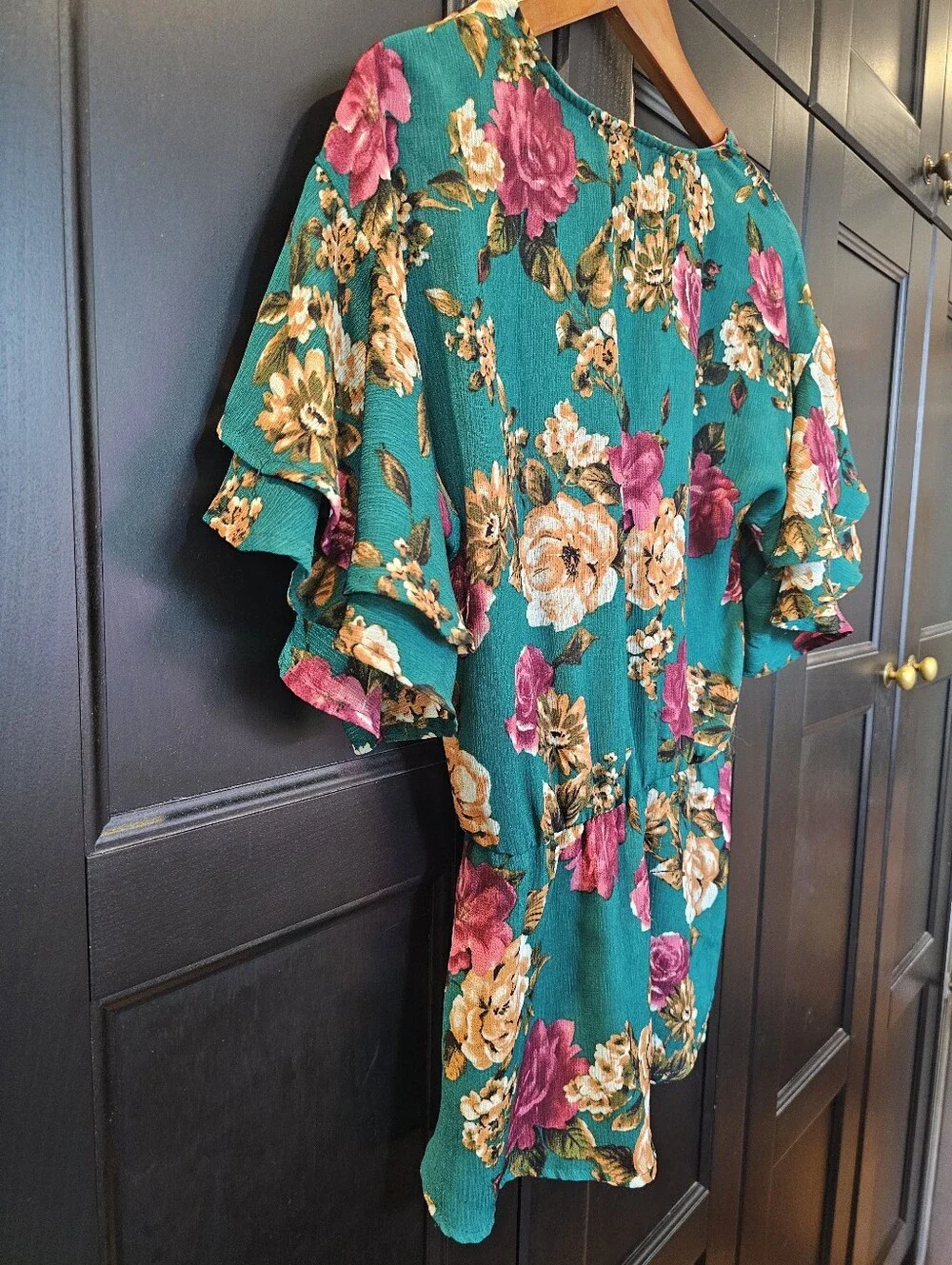 Set Of Two Flowy Floral Women's Tops- Black And Blue Green- Medium